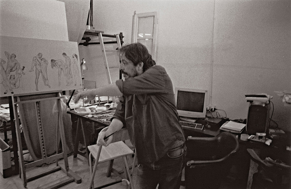 Riccardo Mannelli in studio durante la realizzazione del ciclo "Commedia in Z.E.R.O."