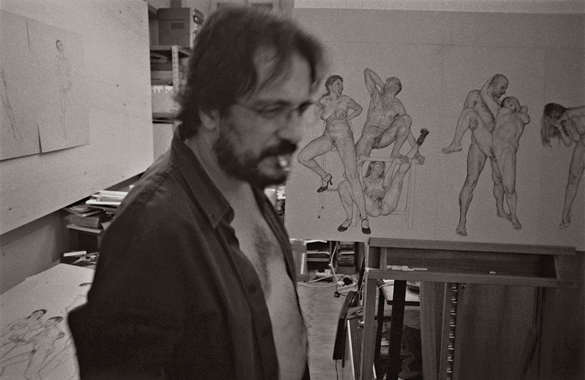 Riccardo Mannelli in studio durante la realizzazione del ciclo "Commedia in Z.E.R.O."
